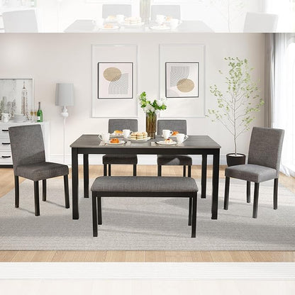 soges 6-Piece Kitchen Dining Table Set with Bench and Chairs, Dining Table Set for 6 with Bench, Wooden Table Set for Kitchen, Dining Room, Grey