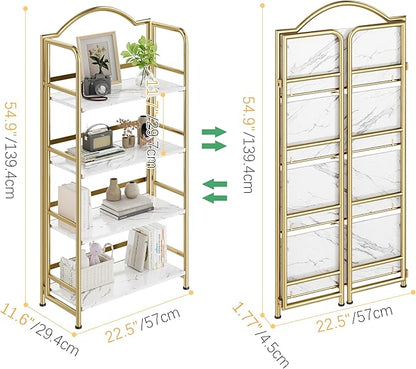 No-Assembly Gold Folding Bookshelf Storage Shelves 4 Tiers Vintage Multifunctional Plant Flower Stand Storage Rack Shelves Bookcase for Home Office