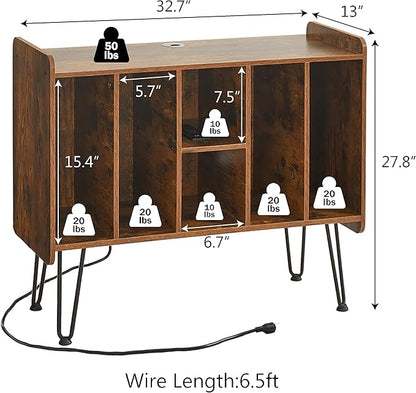 Large Brown Record Player Stand with Vinyl Storage, Power and USB Port, Holds Up to 200 Albums, Turntable Stand with Record Storage Cabinet