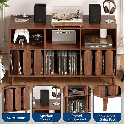 Large Record Player Stand, Record Player Table Vinyl Record Storage Holder Records Cabinet Organizer with Power Outlet for Living Room, Walnut