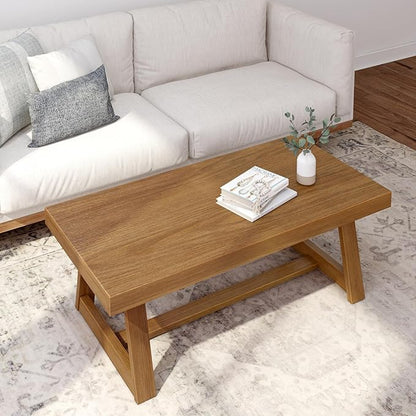 Plank+Beam Classic Rectangular Coffee Table, 48 Inch Farmhouse Coffee Table, Mini Center Tables for Small Spaces, Small Living Space Tea Table, Pecan Wirebrush