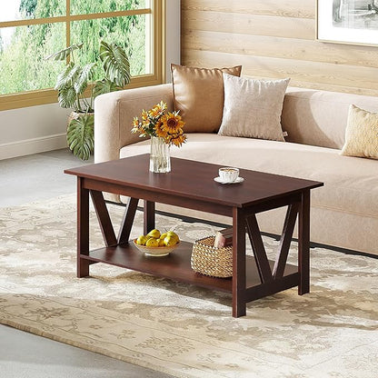 WLIVE Coffee Table with Storage Shelf, 39.4" Farmhouse Coffee Table with V-Frame Support, 2-Tier Wood Rustic Center Table for Living Room, Bedroom & Balcony, Espresso