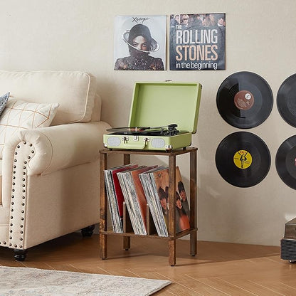 LELELINKY 2-Tier Record Player Stand with Vinyl Record Storage up to 100 Albums, Bedroom Record Holder and Multi-Functional End Table for Living Room, Brown