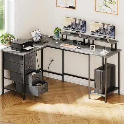 59 inch L Shaped Computer Desk with Power Outlets, Home Office Desk with 4 Adjustable Storage Drawers & 2 Monitor Stands, Two Person Gaming Table for Bedroom, Grey