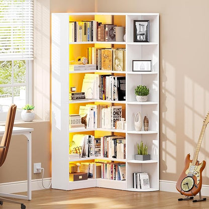 YITAHOME Corner Bookshelf with LED Light, 6 Tier Corner Shelf White Bookshelf L-Shaped Bookcase Storage Display Shelf for Home Office, Living Room, White