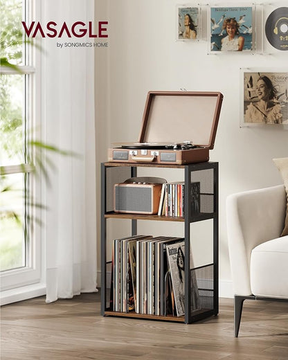 VASAGLE Record Player Stand, 3-Tier Side Table, Vinyl Record Storage up to 100 Albums, End Table for Living Room, Bedroom, Rustic Brown ULET275K01