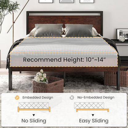 SHA CERLIN 14 Inch Queen Size Metal Platform Bed Frame with Wooden Headboard and Footboard, Mattress Foundation, No Box Spring Needed, Large Under Bed Storage, Non-Slip Without Noise, Mahogany