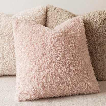 Foindtower Set of 2 Curly Teddy Wool Pillow Covers Decorative Boucle Textured Lumbar Throw Pillow Faux Fur Sherpa Pillowcases Sheepskin Fuzzy Cushion Case for Sofa Bedroom Car 12"x20" Light Pink