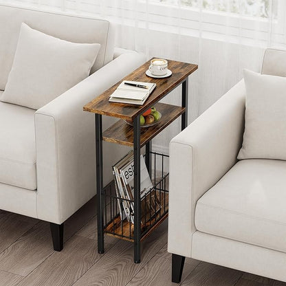 Vagusicc Narrow Side Table, 3-Tier Skinny End Table for Couch Sofa, Small Side Tables for Small Spaces, Bed Side Table with Storage, 25.2" Tall Slim Nightstand for Living Room, Bedroom, Rustic Brown