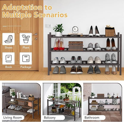 Haddockway Long 3 Tier Bamboo Shoe Rack Storage Organizer, Multifunctional Free Standing Stackable Shoe Shelf with Grid Panel for Closet,Hallway,Entryway,Small Space 34.2"x11"x20"(Brown, 3-Tier(Long))