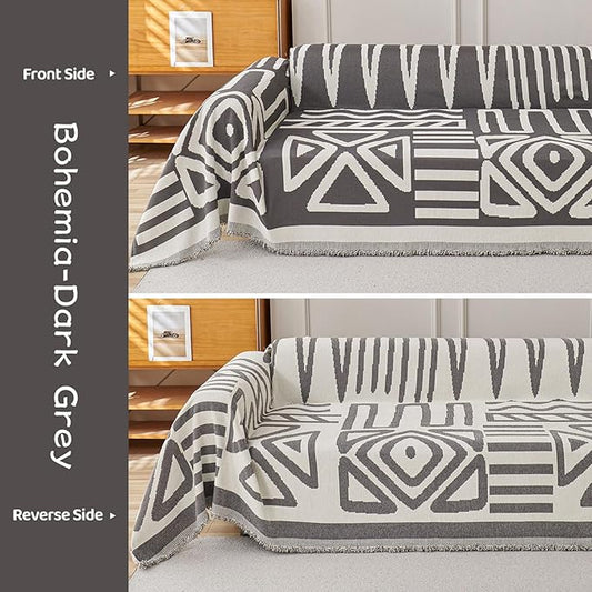 STACYPIK Boho Geometric Dark Grey Chenille Sofa Cover for Dogs - Washable Armchair Slipcover for Living Room, Sectional, 2 Cushion Couch - Jacquard Decor 71x102IN