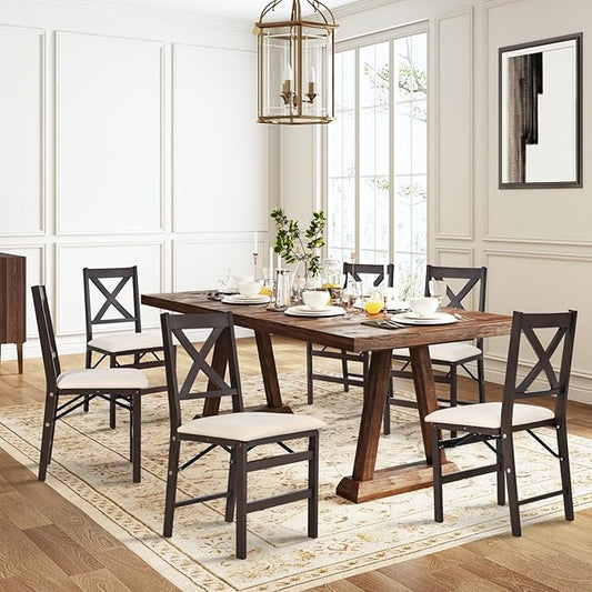 COLAMY Folding Dining Chairs Set of 6 – Beige Upholstered Wooden Dining Room Chairs for Kitchen & Small Spaces, Mid Century Modern Design, Space-Saving, No Assembly Required