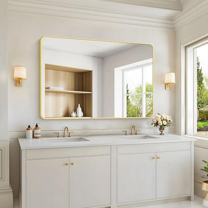 36"x48" Bathroom Mirror, Gold Rectangle Mirror, Large Rectangular Wall Mirror, Rounded Corner Vanity Mirror with Aluminum Metal Frame for Bathroom Bedroom Living Room Horizontal/Vertical