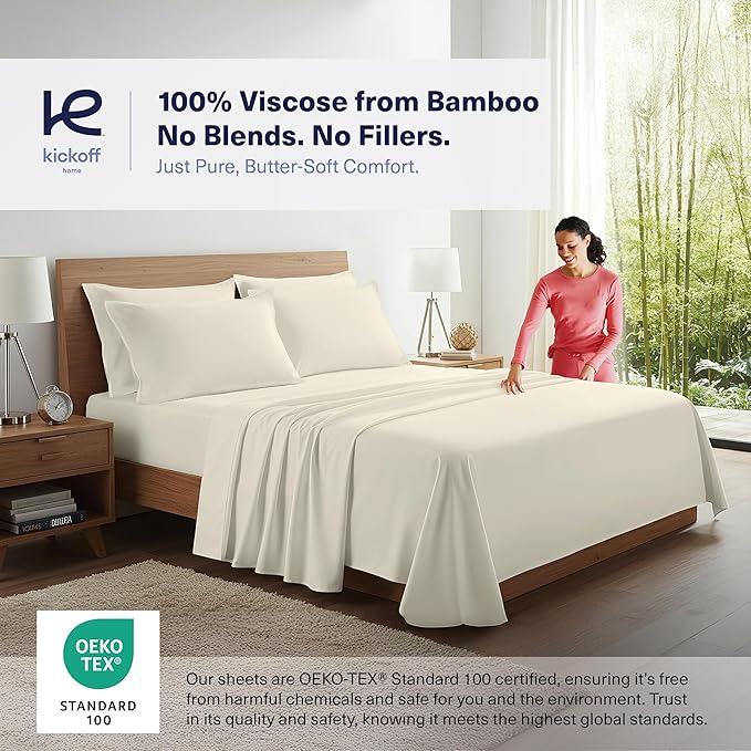 Kickoff Viscose Bamboo Sheets California King Size 4-pc 100% Organic Bamboo Viscose Bed Cooling Sheets Cal King Set Cool Bedding for hot Sleepers Sheet, Flat, Fitted, Pillowcases (Buttercream, CK)