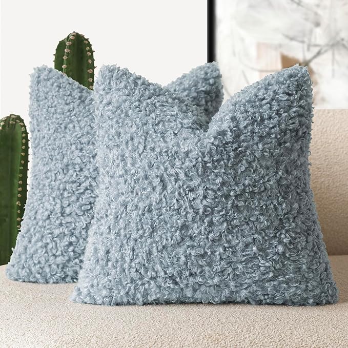 Foindtower 2 Pieces 16x16 Inch Misty Blue,Faux Fur Throw Pillow Cover Accent Sherpa Furry Pillow Covers Fuzzy Soft Pillowcases Cozy Sheepskin Decorative Fleece Cushion Case for Bed Couch Living Room