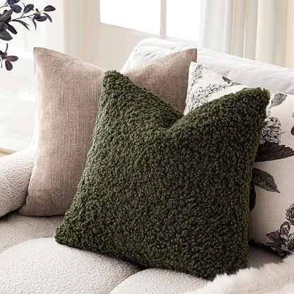 Foindtower 2 Pieces 18x18 Inch Olive Green, Faux Fur Throw Pillow Cover Accent Sherpa Furry Pillow Covers Fuzzy Soft Pillowcases Cozy Sheepskin Decorative Fleece Cushion Case for Bed Couch Living Room