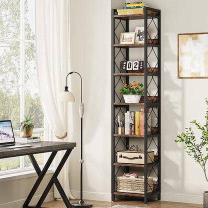 Tribesigns 78.7 Inch Extra Tall Narrow Bookshelf, 7-Tier Skinny Bookcase for Small Spaces, Freestanding Display Shelves, Multifunctional Corner Storage Organizer for Home Office, Rustic Brown