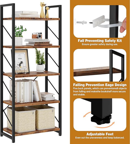 Bookshelf, 5 Tier Bookshelves, Home Office Bookcase Shelf Storage Organizer, Free Standing Storage Shelving Unit for Bedroom, Living Room and Home Office,Rustic Brown