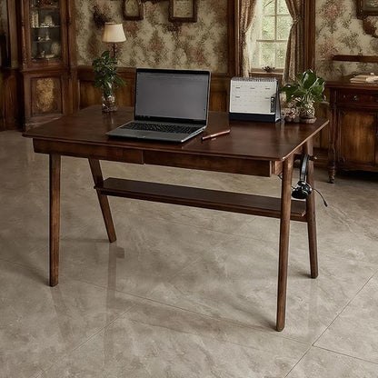 Oak Desk with Drawers, Solid Wood Desk with Bookshelf Small Computer Desk for Small Spaces Mid-Century Modern Wood Writing Desk with 2 Drawers for Home Office 47"