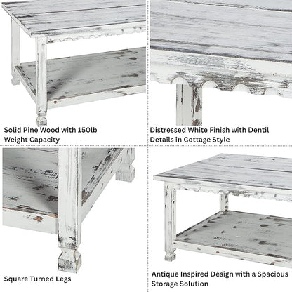 Country Cottage 42-Inch Farmhouse Coffee Table with Storage Shelf and White Antique Finish for Living Room or Family Room by Alaterre Furniture