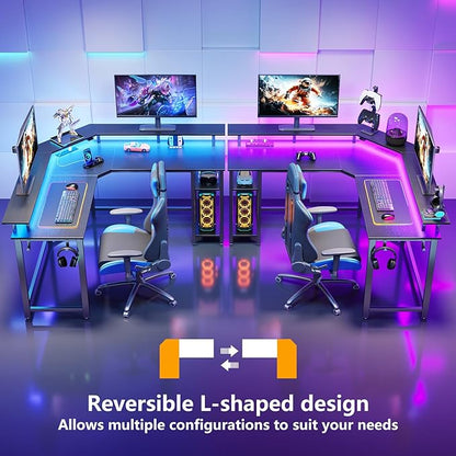 Rolanstar L Shaped Gaming Desk with LED Lights & Power Outlets, 46.2" Computer Desk with Full Monitor Stand & Storage Shelf, Corner Desk with Hooks, Black Desk Reversible