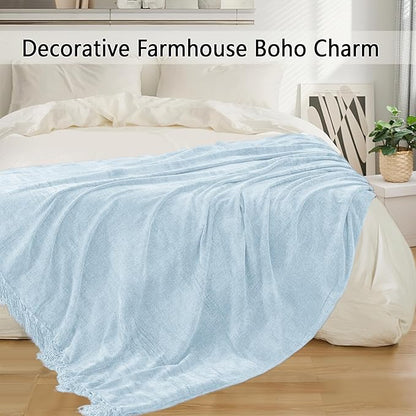 Chenille Throw Blanket for Couch 50"X 60", Soft Cozy Throws with Fringe Tassel for Bed Sofa Chair Cover, Lightweight Knitted Decorative Boho Blankets for Living Room, Light Blue