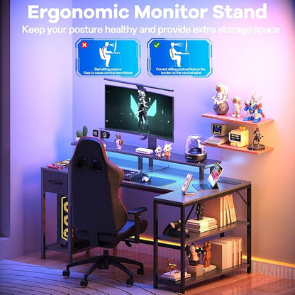 47 inch Gaming Desk with USB Charging Ports and LED Light, Reversible L Shaped Desk, L Shaped Desk with Hook & Monitor Stand, Computer Desk with Drawer and Shelves for Home Office Bedroom