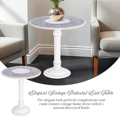 The Wooden Town Antique White Round Coffee Table – 18x22 Wood Accent Side Table for Living Room, End Table for Books & Plants, Small Altar Table