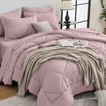 HEVUMYI Rose Gold King Comforter Set - 7-Piece All Season Bed in a Bag King, Ultra Soft Bedding Set with Comforter, Flat Sheet, Fitted Sheet, Pillowcases, Pillow Shams