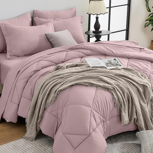 HEVUMYI Rose Gold Queen Comforter Set - 7-Piece All Season Bed in a Bag Queen, Ultra Soft Bedding Set with Comforter, Flat Sheet, Fitted Sheet, Pillowcases, Pillow Shams