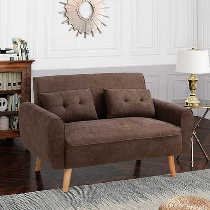 Shintenchi Small Modern Loveseat Couch Sofa, Mid Century Fabric Upholstered 2-Seat Sofa Couch Love Seats Furniture for Small Space,Living Room,Studio,Apartment with 2 Pillows,Brown