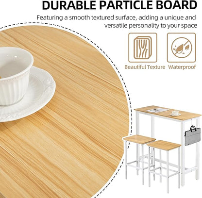 Finnhomy Bar Table Set, 39.3" Pub Table High Top Table, Rectangular Bar Height Table, Bar Table with Stools, Kitchen Table Set for 2, Breakfast for Kitchen, Living Room, Oak Beige and White