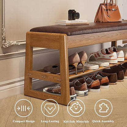 Shoe Rack Bench Seat Rubberwood 2-Tier Wooden Storage Bench 550lbs Compact Mid-Century Modern Design for Entryway, Hallway, Closet, Front Door Entrance, Foyer