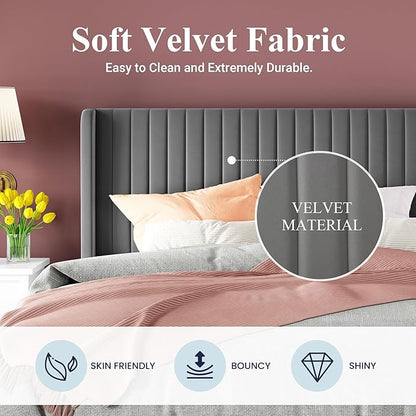 Allewie Queen Size Velvet Bed Frame/Vertical Channel Tufted Wingback Headboard/Upholstered Platform Bed/Strong Wooden Slats/No Box Spring Needed/Easy Assembly/Grey