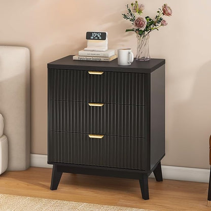 LYNCOHOME Fluted Nightstand with 3 Drawers Dresser, Modern Wood Chest of Bedside Table with Curved Profile, Fluted Dresser & Wood Drawer Organizer for Bedroom