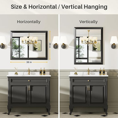 28x36 Inch Black Bathroom Mirror for Wall, Thick Metal Framed Rectangle Mirrors for Over Sink, Bedroom, Living Room, Entryway, Anti-Rust, HD Tempered Glass