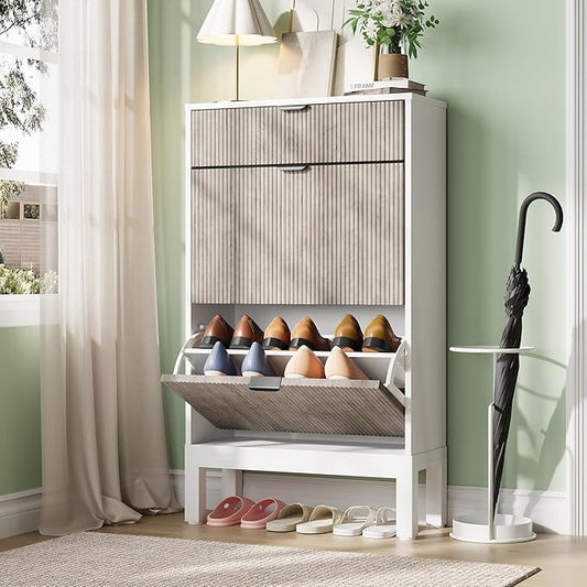 GarveeHome Shoe Storage Cabinet with 2 Flip Drawers, Farmhouse Fluted Shoe Organizer with Metal Legs, Freestanding Hidden Slim Narrow Shoe Rack for Entryway, Foyer, Hallway