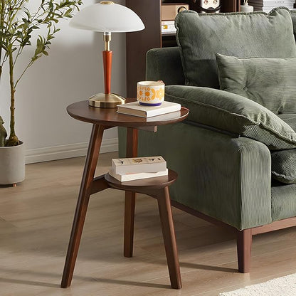 Side Table, 2-Tier Round End Tables Living Room, Mid Century Modern Side Table, Round Nightstand, Oak Accent Table, Small Round Coffee Table, 16.54" Dia.x 23.62" H(Walnut)