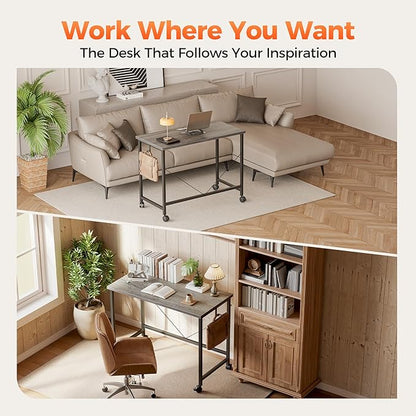 Rolling Computer Desk with Wheels, Gaming Desk for Small Spaces, Modern Simple Style Table for Home Office, Study Writing Table (Caster, Stone Gray, 48 inch)
