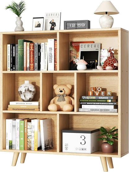 Shintenchi Cube Storage Organizer, 3 Tier Mid-Century Bookcase with Legs Cubeicals Retro Wood Organizer Storage Bookcase, Freestanding Open Book Shelves for Bedroom,Living Room,Office(Natural)