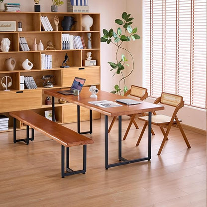 Durable Solid Wood Top Bench with Metal Triangular Legs – Stylish Long Dining Bench for Home, Office, Restaurant & Patio (Wooden Brown Bench, 78.74in)