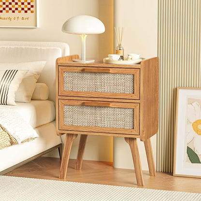 Lerliuo Rattan Nightstand, Boho Night Stand with 2 Drawers, Cane Accent Side End Table, Bedside Table with Solid Wood Legs for Bedroom, Dorm and Small Spaces (Tea Brown)