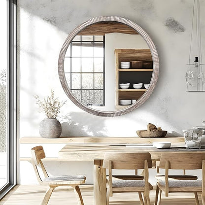 35" Round Wood Mirror, Large Wooden Round Mirror, Wood Round Mirrors for Wall Decor, Rustic Circle Wall Mirrors for Entryway, Living Room, White Washed Frame