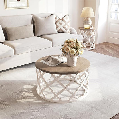 karlott Farmhouse Coffee Table, French Country Round Coffee Table, Coastal Coffee Table with Distressed Wood Top, Boho Coffee Table with Curved Motif Frame Base for Living Room, Dining Room, Bedroom