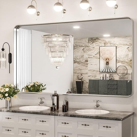 TokeShimi 60 x 36 Inch Brushed Silver Bathroom Mirror for Wall Brushed Brass Metal Rounded Corner Rectangle Mirror Metal Frame Deep Set Design Hangs Horizontal Or Vertical