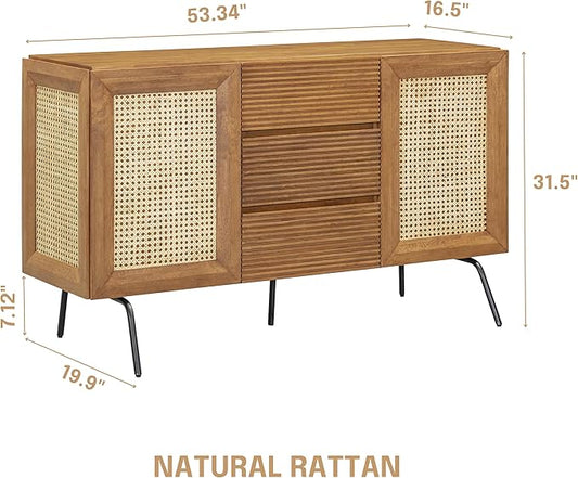 NTC MOSSIC Sideboard with 2 Doors and 3 Drawers, Buffet Cabinet with Natural Rattan and Metal Legs, Modern Storage Cabinet for Living Room, and Hallway, Effortless Assembly, Teak Look
