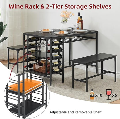IDEALHOUSE Dining Table Set for 4, Kitchen Table Set for 4 with 2 Benches, Rectangular Dining Room Table Set with Wine Rack, 3 Piece Dining Table Set for Small Space Apartment, Black
