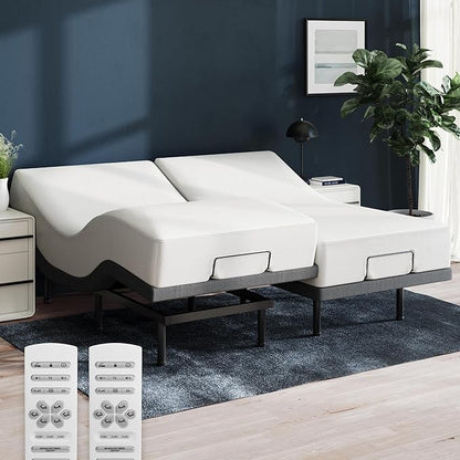 Nectar Luxe Split King Adjustable Base & 14” Mattress (New Version) - Head & Foot Incline - Medium Firm Memory Foam - Cooling Upgrade - 3 Massage Settings - 365-Night Mattress Trial & Forever Warranty