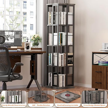 Aheaplus Rotating Bookshelf, 4-Tier Corner Bookshelf, 360 Display Wood Spinning Bookshelf, Floor Standing Bookcase Narrow Shelf Revolving Organizer Storage Rack for Small Space, Grey Oak