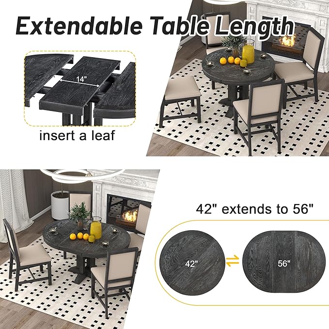 ERYE Mid-Century Modern Functional Extendable Wooden Round Dining Table with 14" Adjustable Leaf and Pillar-Trestle Legs, Wood Oval Dining Table